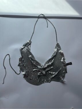 Silver Sequin Chain Halter Crop Top